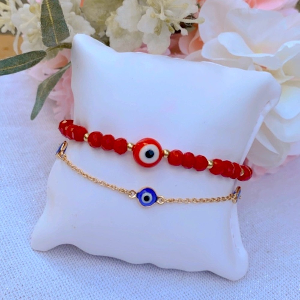 Set of 2 Crystal Beaded Turkey Evil Eye Bracelets for Women Bracelet Handmade